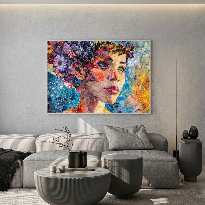 Wadi Home abstract mosaic portrait wall art print featuring vibrant floral and geometric patterns in a modern living room