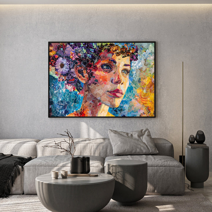Wadi Home abstract mosaic portrait wall art print featuring vibrant floral and geometric patterns in a modern living room