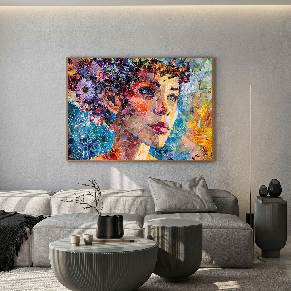 Wadi Home abstract mosaic portrait wall art print with vibrant blue and orange floral patterns in a modern living room