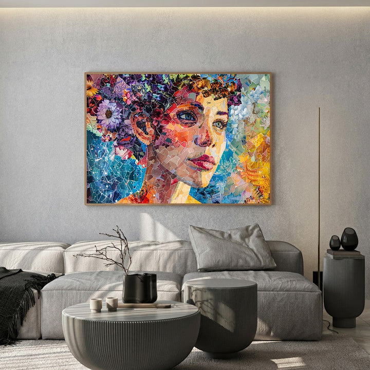 Wadi Home abstract mosaic portrait wall art print with vibrant blue and orange floral patterns in a modern living room