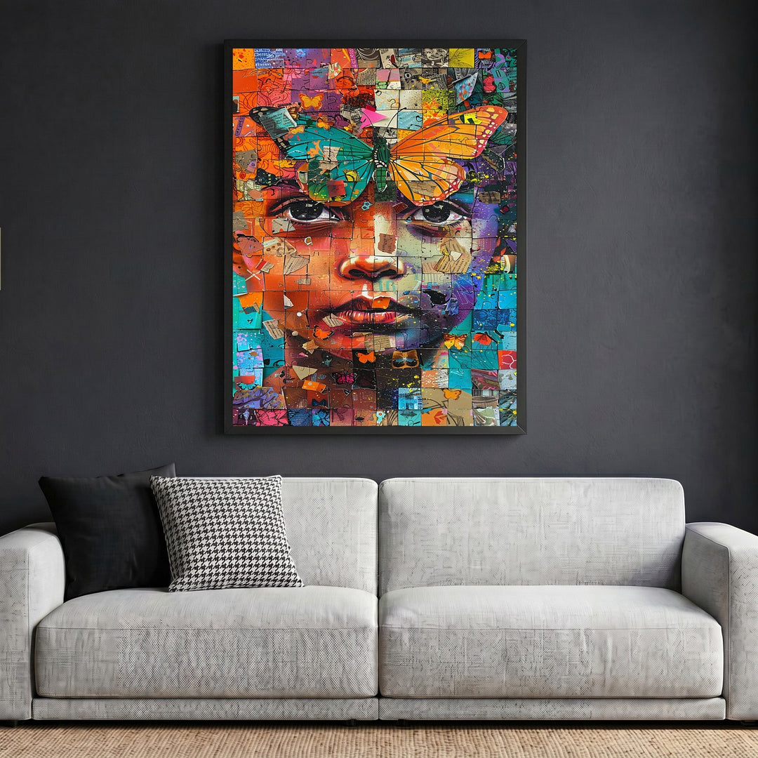 Wadi Home abstract mosaic portrait wall art print featuring a colorful face with a butterfly, framed on a dark wall.