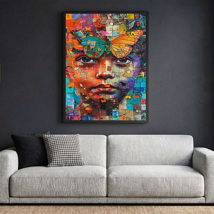 Wadi Home abstract mosaic portrait wall art print featuring a colorful face with a butterfly, framed on a dark wall.