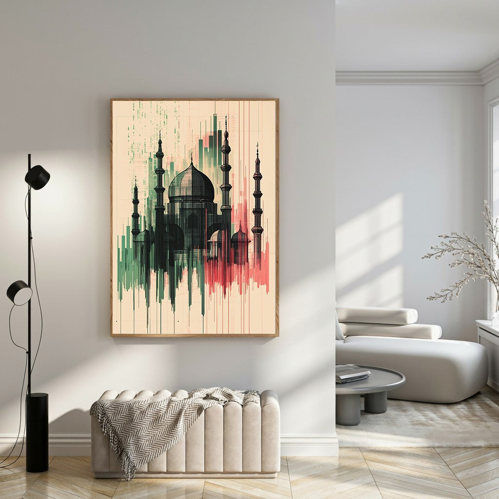 Wadi Home abstract mosque wall art print with green and red abstract design on a neutral background.