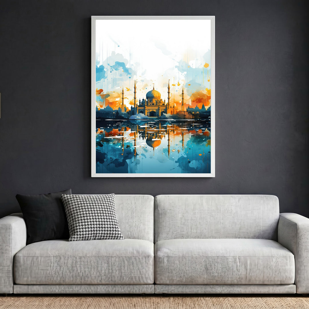 Wadi Home abstract mosque architectural wall art print in a white frame hanging above a modern grey sofa.
