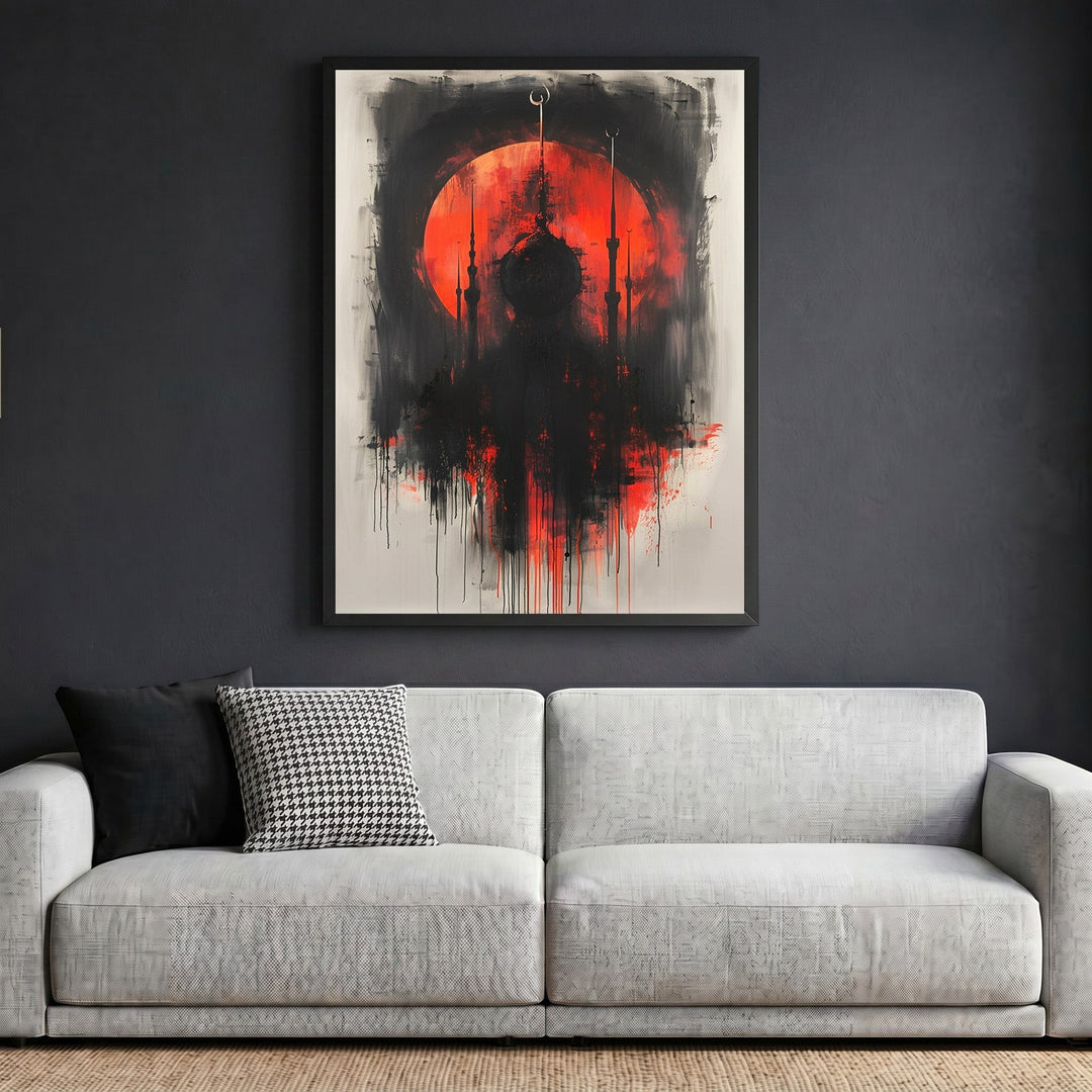 Wadi Home framed abstract mosque silhouette wall art with a bold red sun and black brushstrokes above a modern sofa.