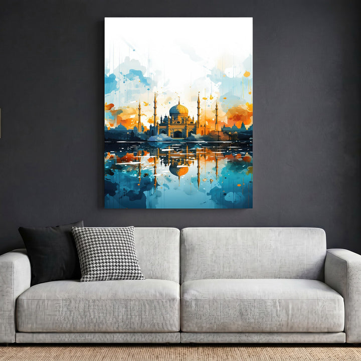 Wadi Home abstract mosque architectural wall art print with blue and orange tones hanging above a modern grey sofa.