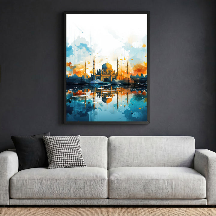 Wadi Home abstract mosque architectural wall art print with blue and orange tones hanging above a modern grey sofa.