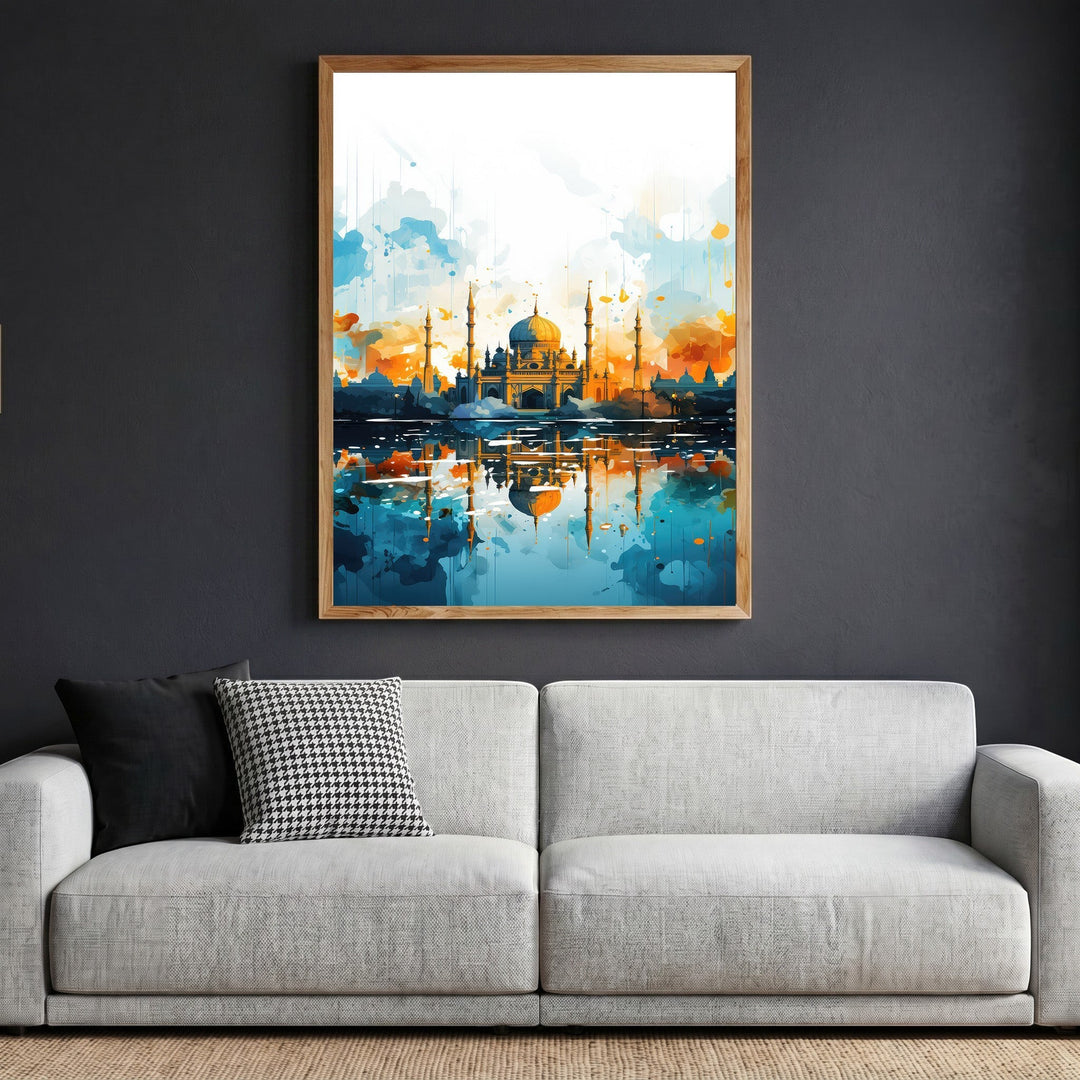 Wadi Home abstract mosque architectural wall art print in a wooden frame hanging above a modern grey sofa.