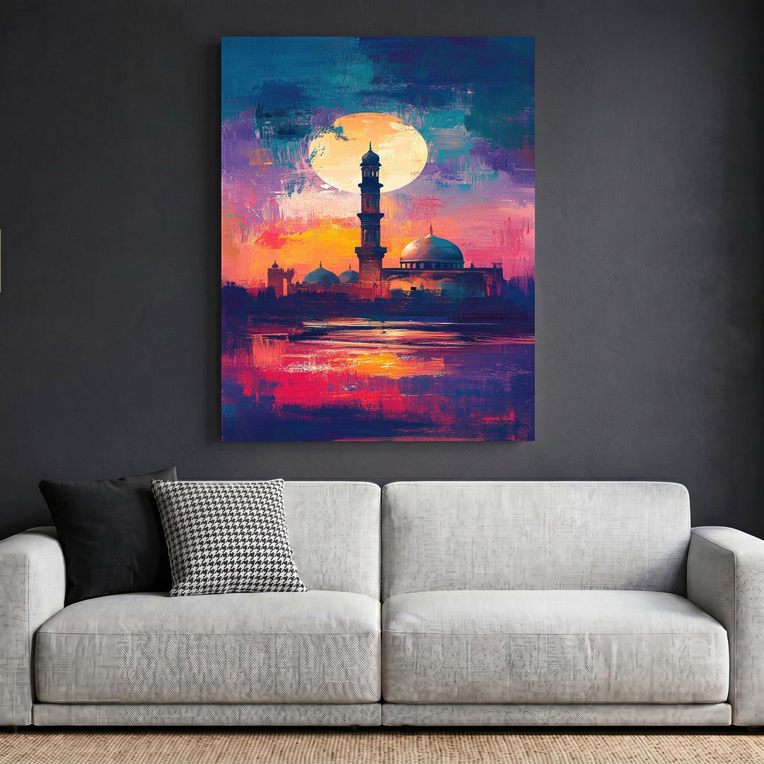 Wadi Home abstract mosque landscape wall art featuring a vibrant sunset with deep blues, oranges, and purples.