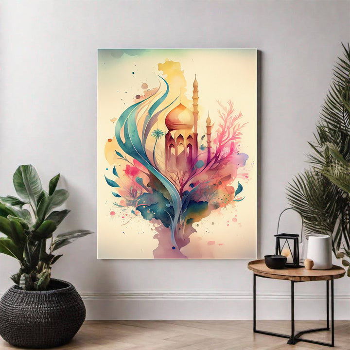Wadi Home abstract mosque watercolor wall art with vibrant blues, pinks, and yellows. Islamic architecture blended with modern art.
