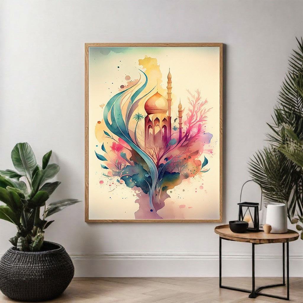 Wadi Home abstract mosque watercolor wall art with vibrant blues, pinks, and yellows. Islamic art print.