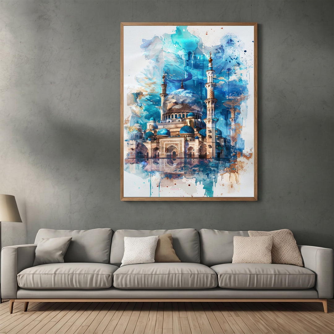 Wadi Home abstract mosque watercolor wall art print in blue and gold, displayed in a modern living room.