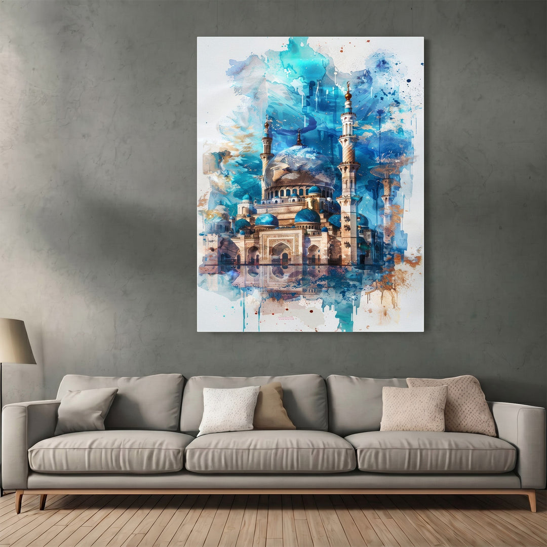 Wadi Home abstract mosque watercolor wall art print in blue and turquoise hanging above a modern grey sofa.