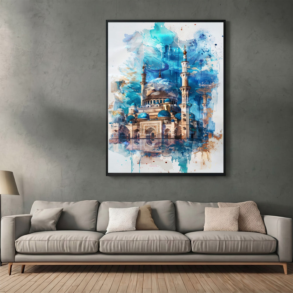 Wadi Home abstract mosque watercolor wall art print featuring blue and turquoise domes in a modern living room.