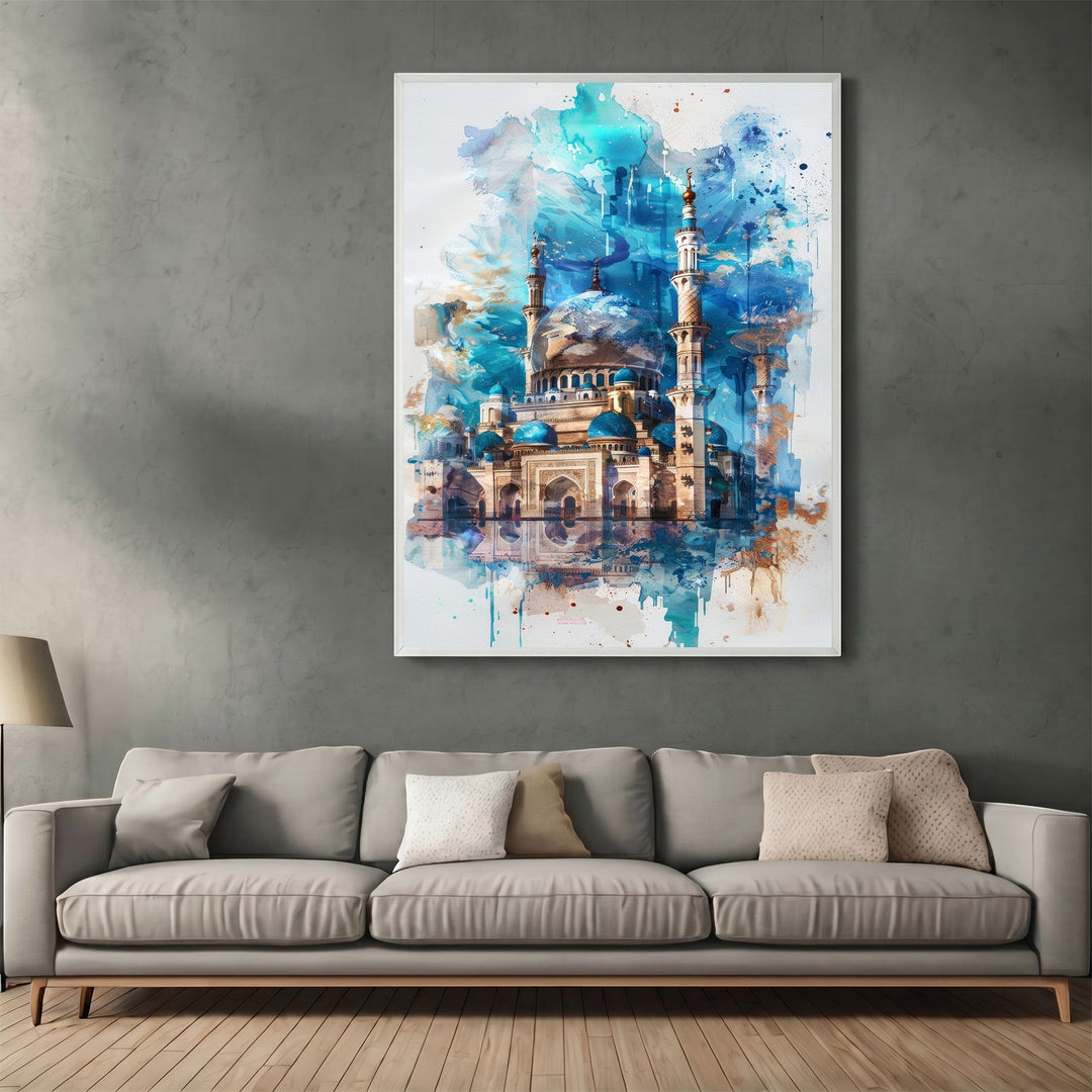Wadi Home abstract mosque watercolor wall art print in blue and turquoise hanging above a modern grey sofa.