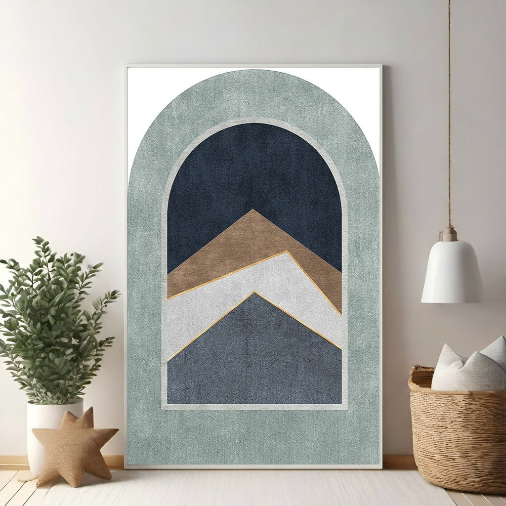 Wadi Home abstract arch mountain landscape wall art with navy, brown, white, and gold geometric peaks.