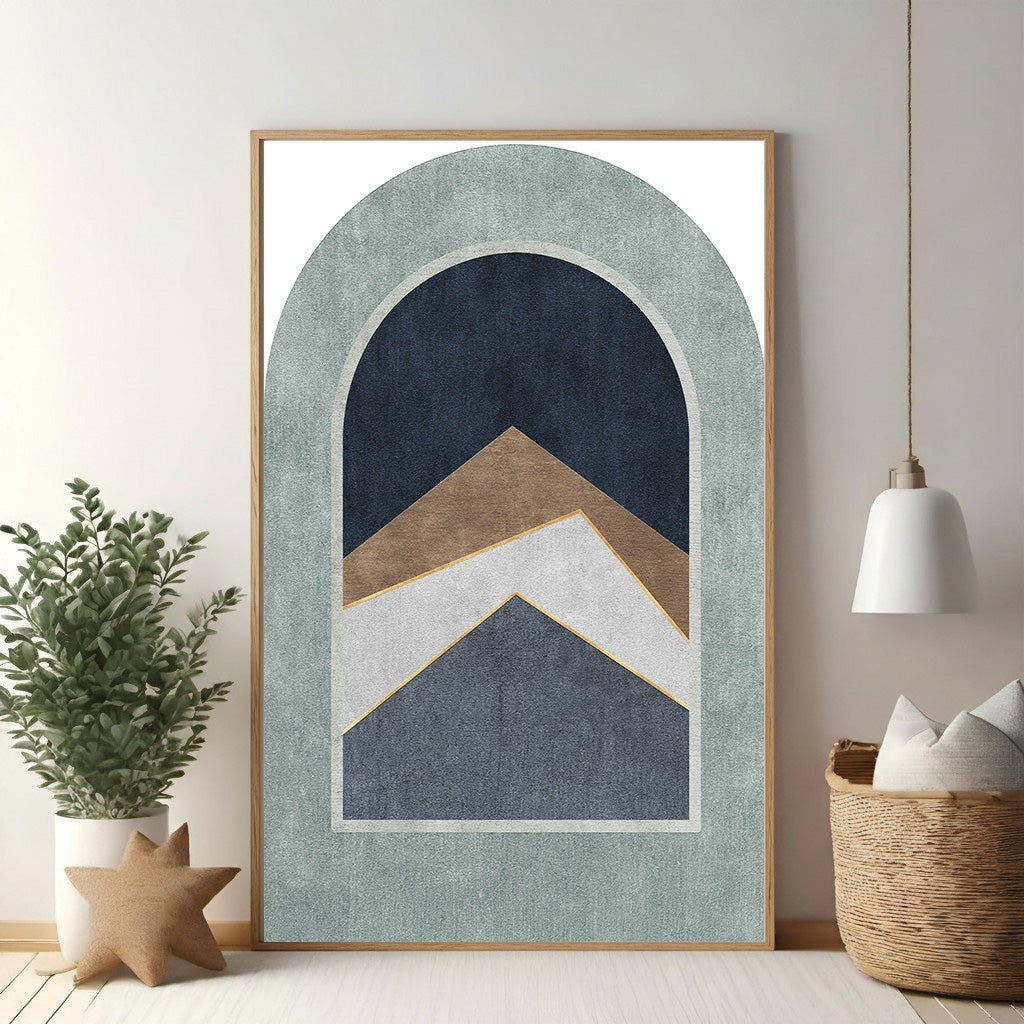 Wadi Home abstract arch mountain landscape wall art with blue, brown, white, and gold geometric layers.