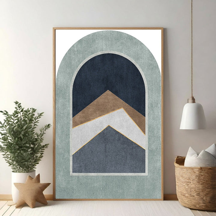 Wadi Home abstract arch mountain landscape wall art with blue, brown, white, and gold geometric layers.