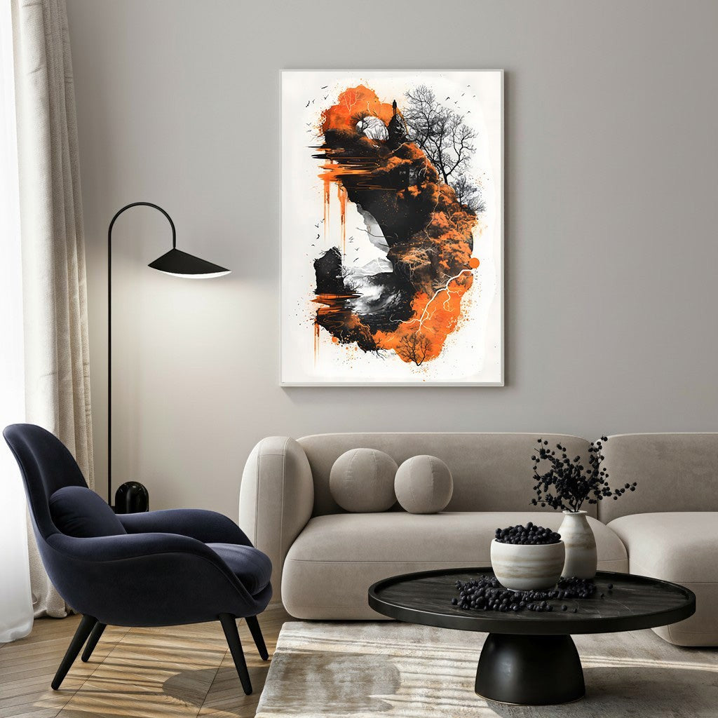Wadi Home abstract mountain landscape art with fiery orange, black, and white. Modern textured brushstrokes evoke nature.