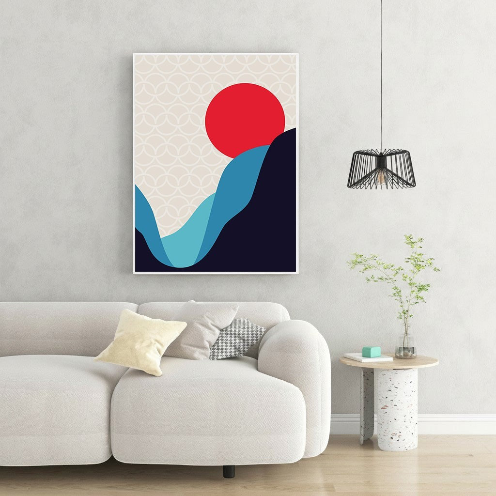 Wadi Home abstract mountain art with red sun, blue and navy mountains on textured background.