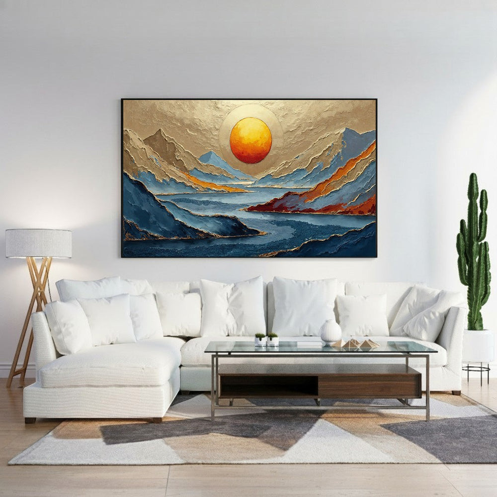 Wadi Home abstract mountain landscape wall art with vibrant sunset over water, featuring blues, oranges, and gold hues.