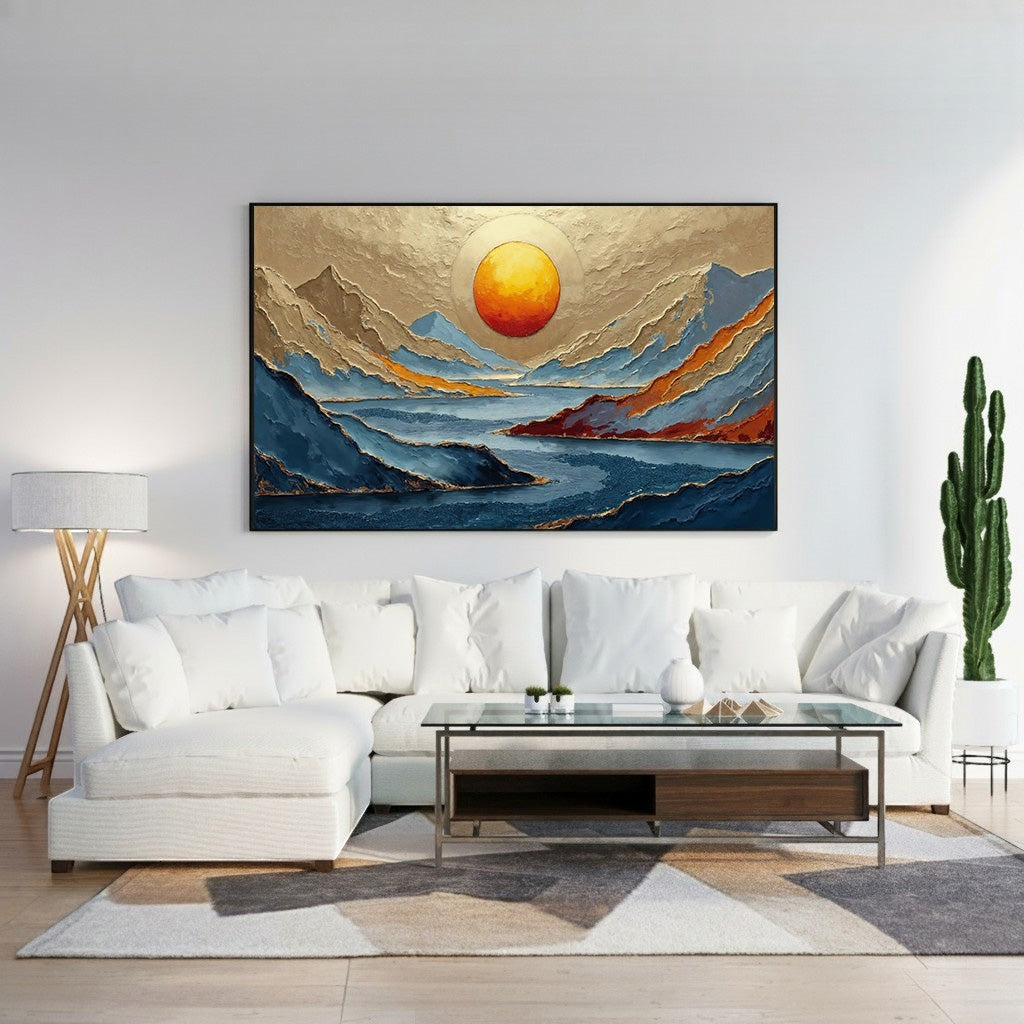 Wadi Home abstract mountain landscape wall art with vibrant sunset over water, featuring blues, oranges, and gold hues.