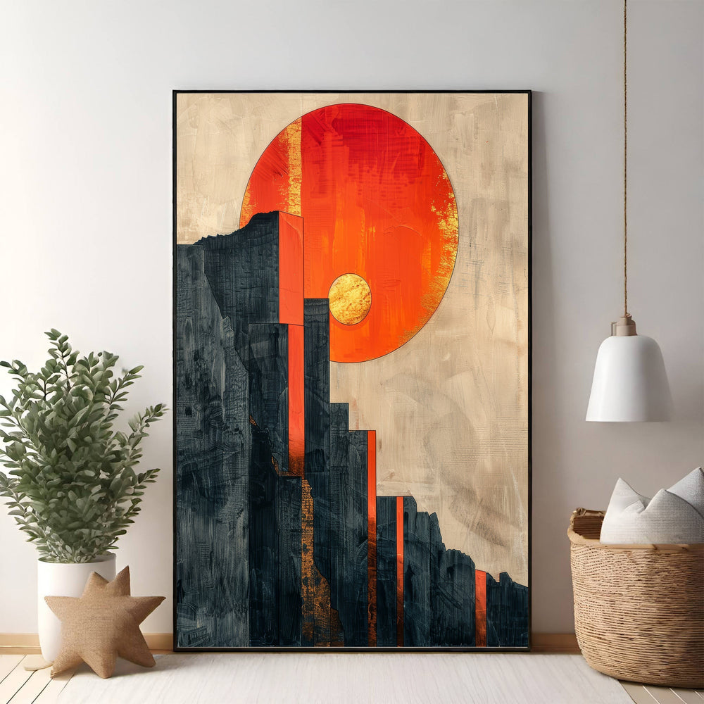 Wadi Home Abstract Mountain Sunburst Wall Art with dark textured mountains and vibrant orange sunburst.