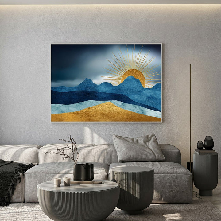 Wadi Home abstract mountain sunrise wall art with deep blues, teals, and gold sunburst.