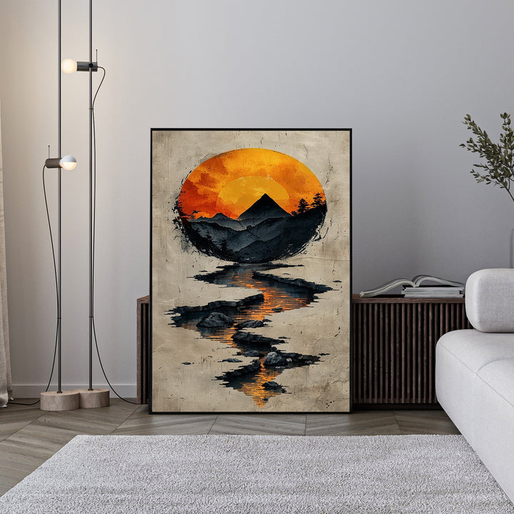 Wadi Home abstract mountain sunset reflection wall art with orange sun, dark mountains, and water reflection.