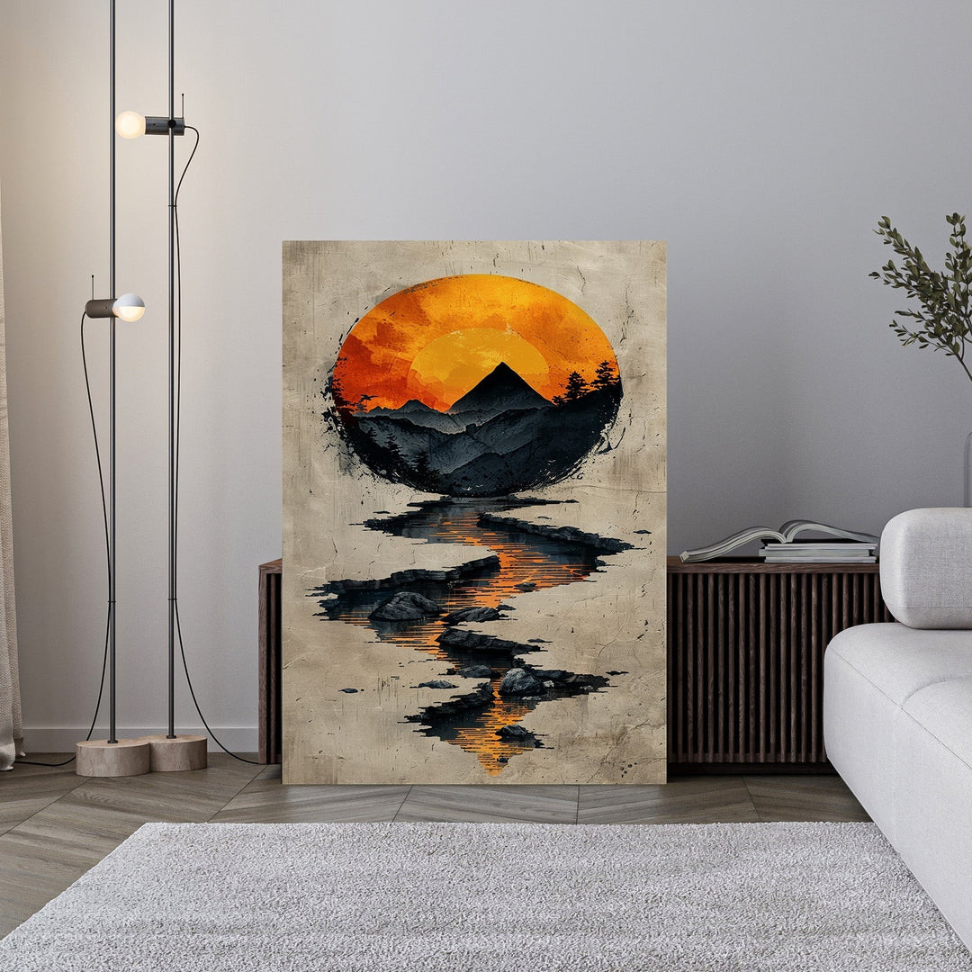 Wadi Home abstract mountain sunset reflection wall art with orange sun, dark mountains, and water reflection.