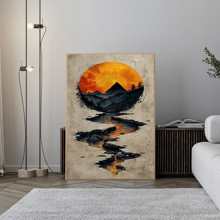 Wadi Home abstract mountain sunset reflection wall art with orange sun, dark mountains, and water reflection.