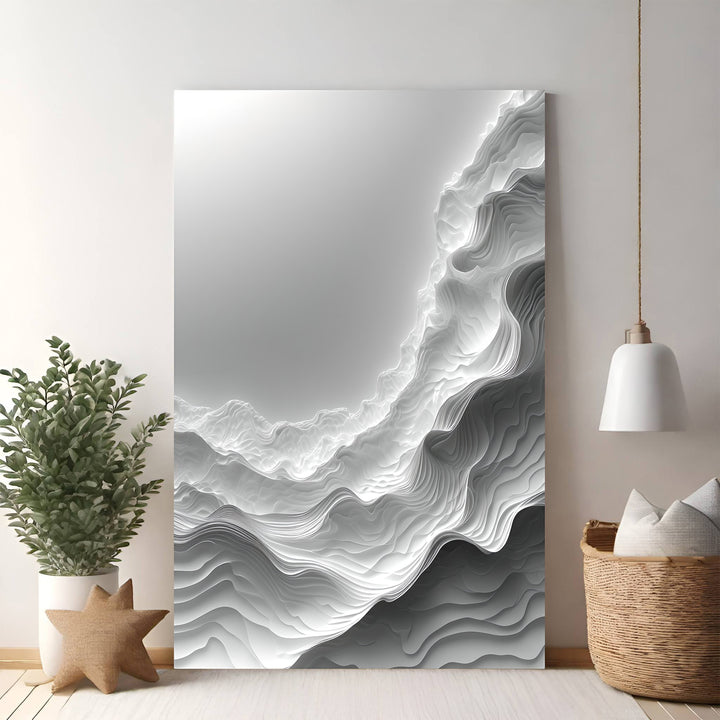 Wadi Home abstract monochromatic mountain landscape wall art with textured layers and subtle gradients.