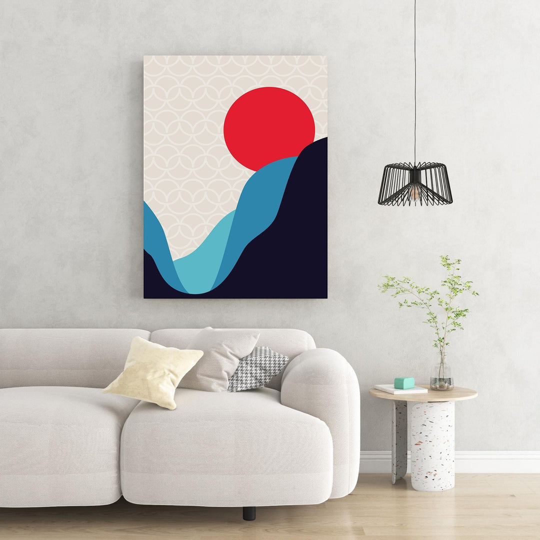 Wadi Home abstract mountain landscape wall art with red sun, blue and navy mountains on a cream background.