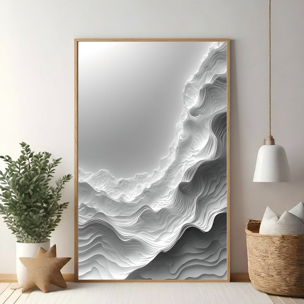 Wadi Home abstract monochromatic mountain landscape wall art with textured layers and depth.