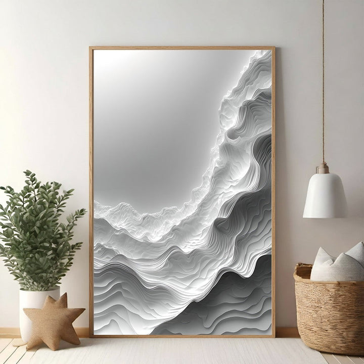 Wadi Home abstract monochromatic mountain landscape wall art with textured layers and depth.