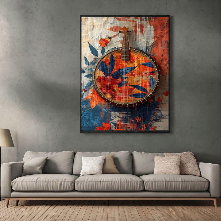 Wadi Home abstract musical instrument wall art print featuring blue and orange tones hanging above a modern grey sofa.
