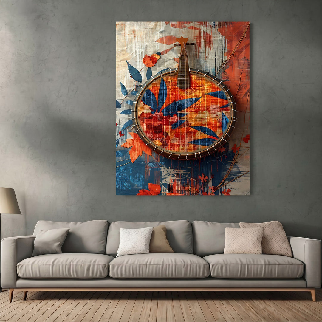 Wadi Home abstract musical instrument wall art print with blue and orange textured patterns above a modern sofa