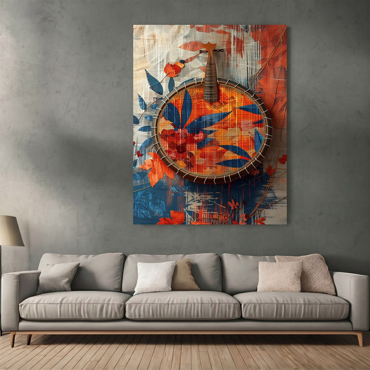 Wadi Home abstract musical instrument wall art print with blue and orange textured patterns above a modern sofa