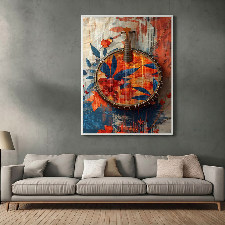 Wadi Home abstract musical instrument wall art print with blue and orange floral patterns in a modern living room