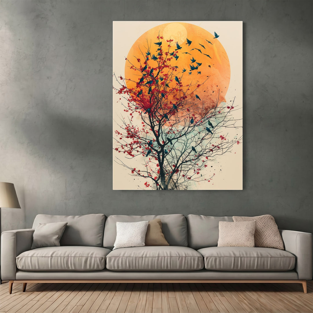 Wadi Home abstract nature wall art featuring a golden sun, blossoming tree, and birds in a modern living room.