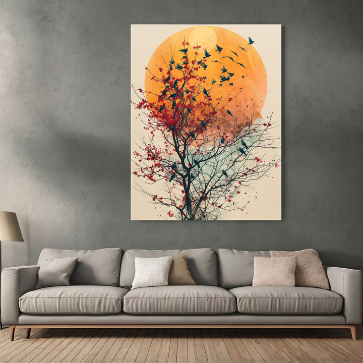 Wadi Home abstract nature wall art featuring a golden sun, blossoming tree, and birds in a modern living room.