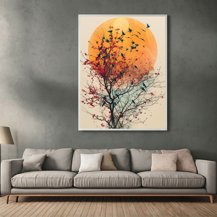 Wadi Home abstract nature wall art featuring a golden sun, blossoming tree, and birds above a modern grey sofa.