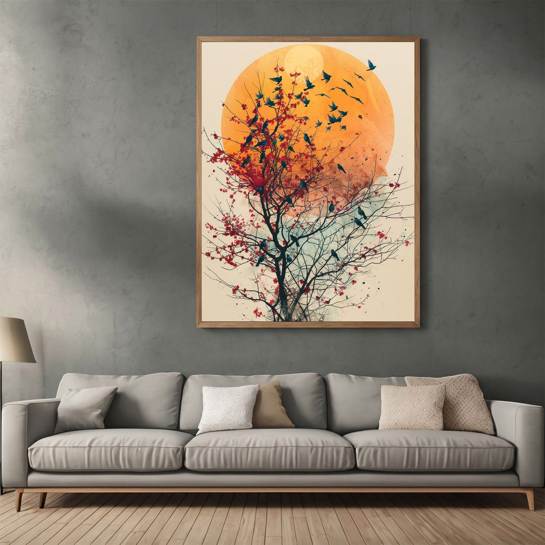 Wadi Home abstract nature wall art featuring a golden sun, blossoming tree, and birds above a modern grey sofa.