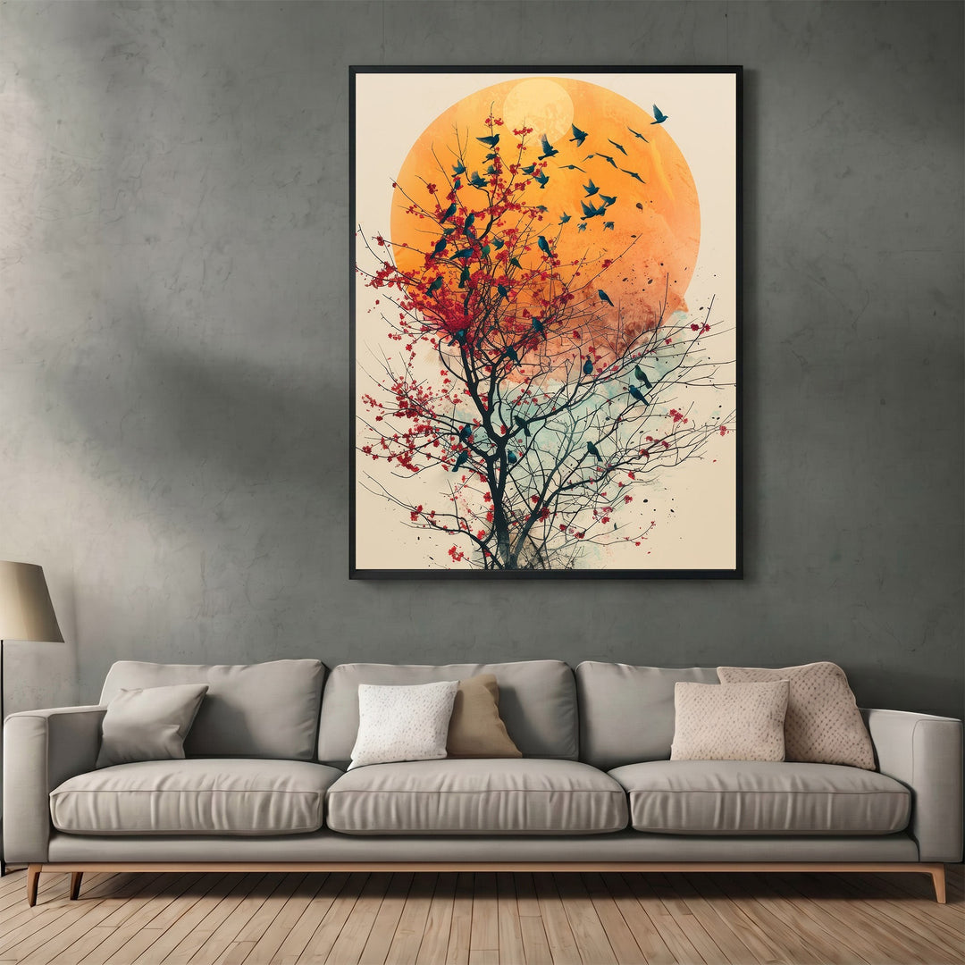 Wadi Home abstract nature wall art featuring a golden sun, blossoming tree, and birds above a modern grey sofa.