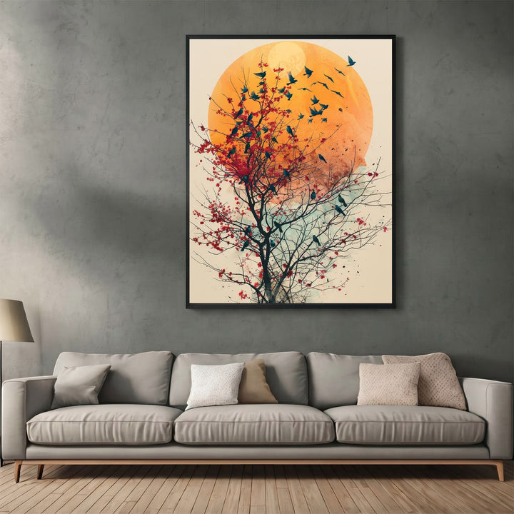 Wadi Home abstract nature wall art featuring a golden sun, blossoming tree, and birds above a modern grey sofa.