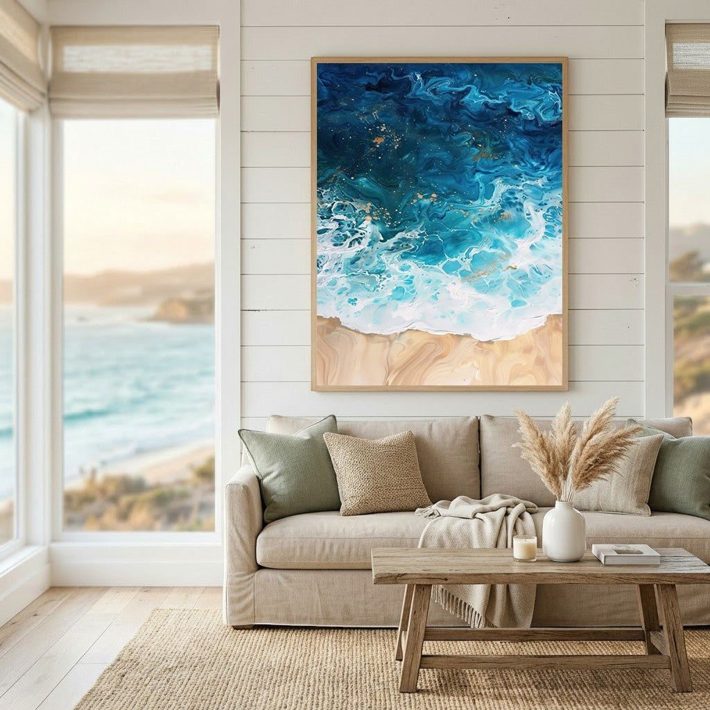 Wadi Home abstract ocean waves framed wall art featuring navy, turquoise, and sandy beige tones in a coastal living room.