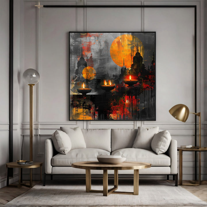 Wadi Home abstract canvas print featuring glowing oil lamps and sunset orange accents above a modern grey sofa