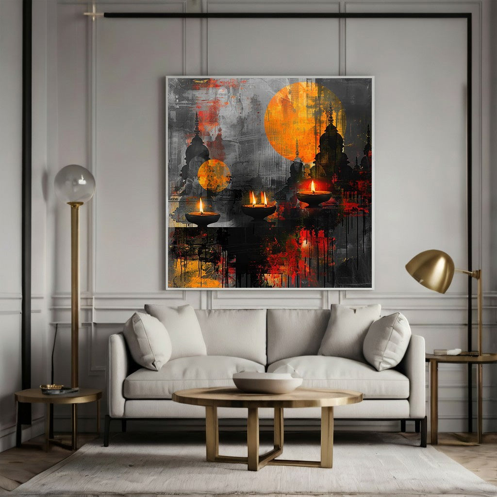 Wadi Home abstract canvas print featuring oil lamps, sunset orange, and charcoal tones above a modern grey sofa.