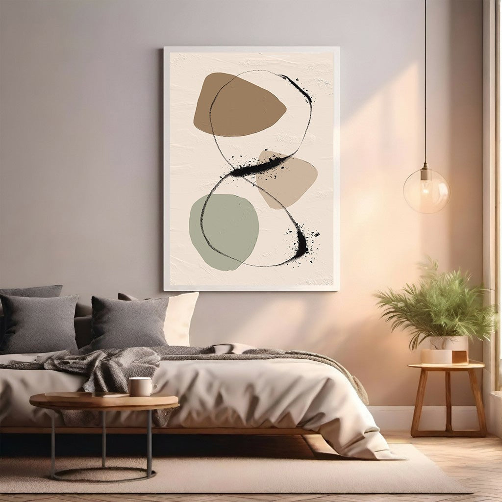 Wadi Home abstract wall art with beige, sage green, and brown organic shapes and black lines.