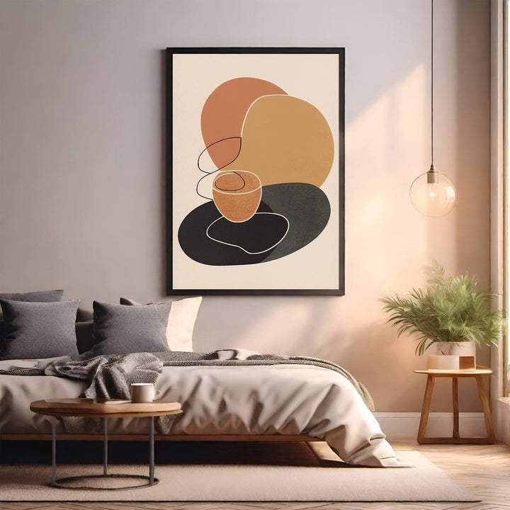 Wadi Home abstract organic shapes wall art in terracotta, ochre, and charcoal. Minimalist design with flowing lines.